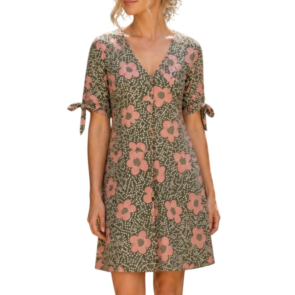 Tulip B By Unique Vintage Green Polka Dot Floral Short Tie Sleeve Dress XL NWT